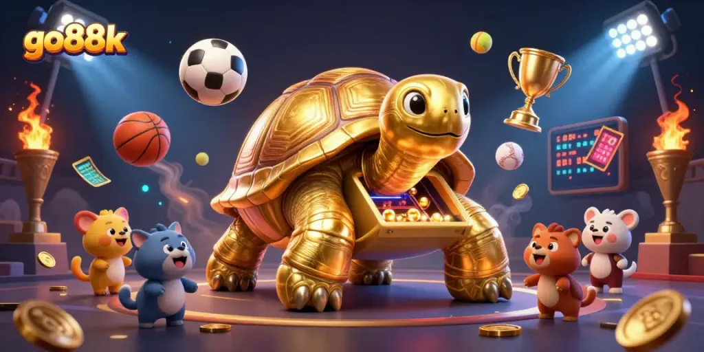 Engage in thrilling games at go88k with a captivating 3D illustration of a golden tortoise pinball machine surrounded by excited players.