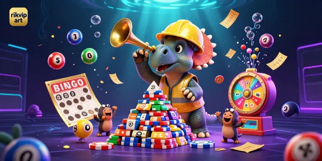 Experience the exciting rikvip art scene with 3D cartoon dinosaurs celebrating a jackpot amidst vibrant gambling elements.