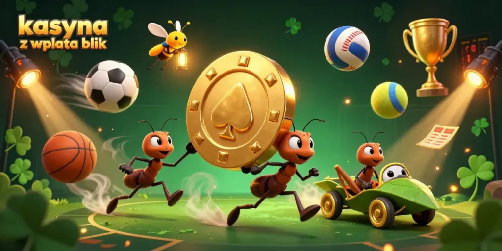 Engage with kasyna z wplata blik showcasing cartoon ants heisting a golden poker chip amid dynamic casino action.