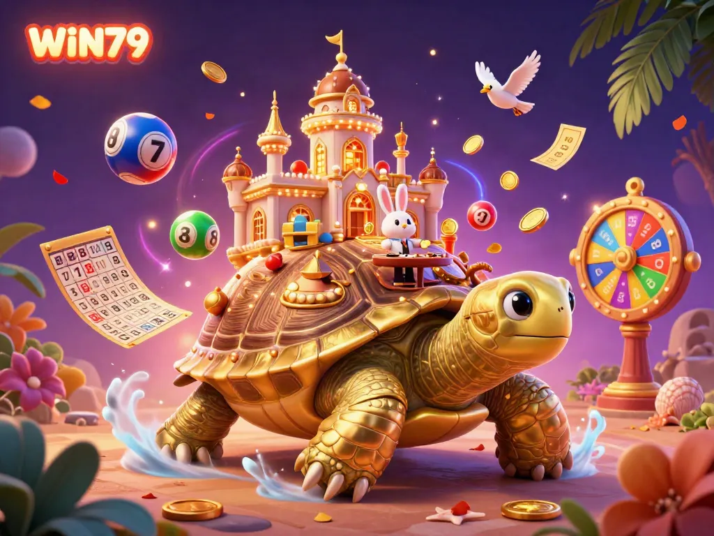 Experience the thrill of WIN79 with dynamic lottery elements and a golden tortoise casino scene.