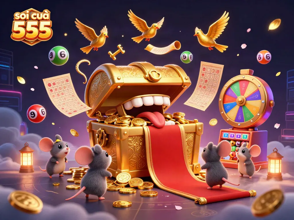 Soi cầu 555 showcases a vibrant scene of mice attracted to a treasure chest, surrounded by lottery elements.