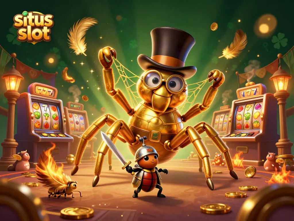 Situs slot features a golden tarantula and beetle knight in a vibrant casino scene.