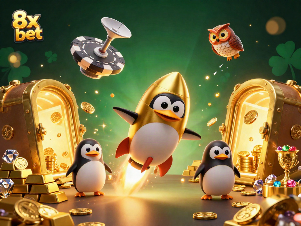 Experience the thrill of 8x bet with a golden penguin racing towards a dazzling casino!