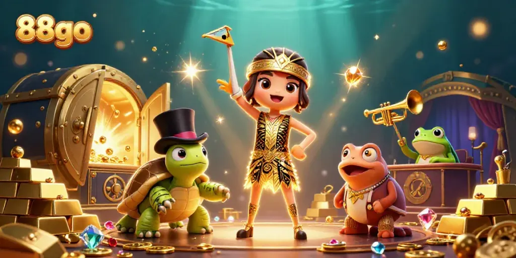 Experience the electrifying casino atmosphere at 88go with 3D characters and sparkling treasures.