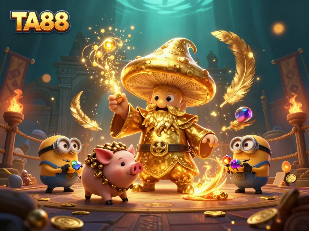 Experience thrilling magic with TA88's golden wizard and treasure-seeking pig in a lively casino scene.