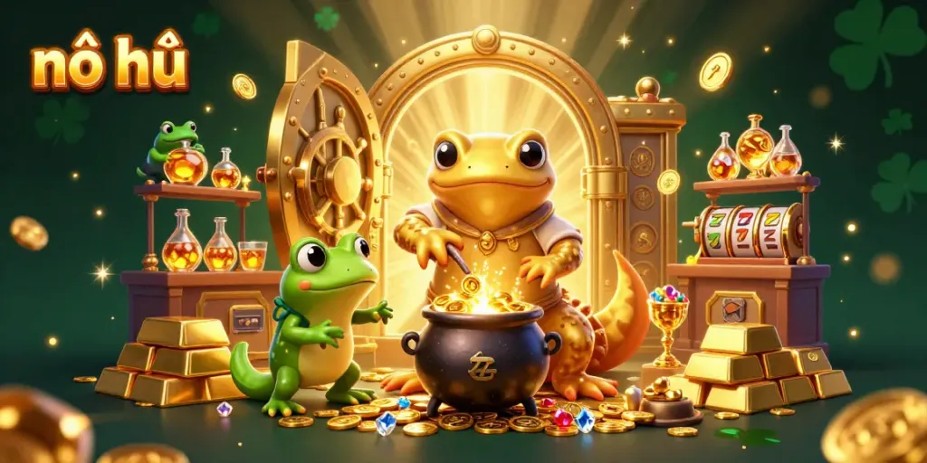 Experience the thrill of nổ hũ as golden characters create treasure in a vibrant casino scene.