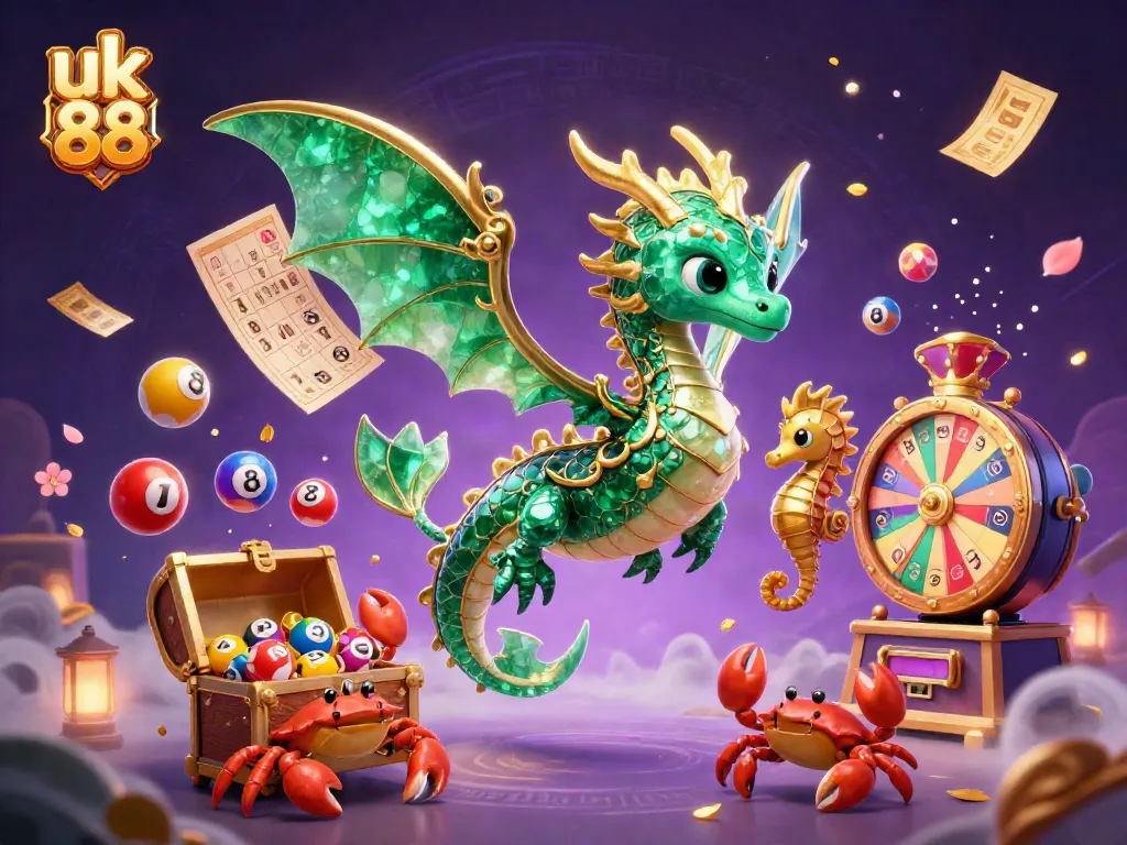 Engage with exciting games at uk 88, featuring vibrant dragons, lottery balls, and prize elements.