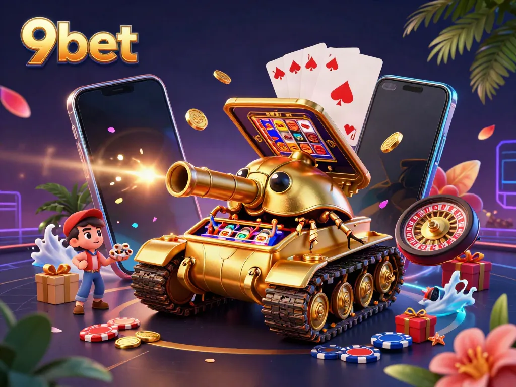 Experience the thrill of 9bet with a vibrant 3D casino scene showcasing exciting games and rewards.
