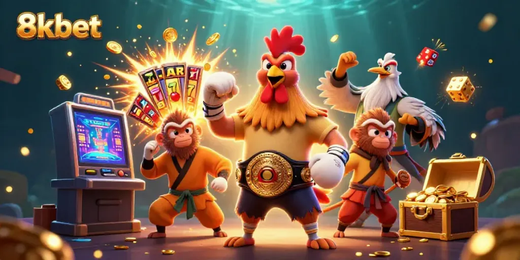 Experience thrilling jackpots with 8xbet in a vibrant casino scene featuring character interactions.