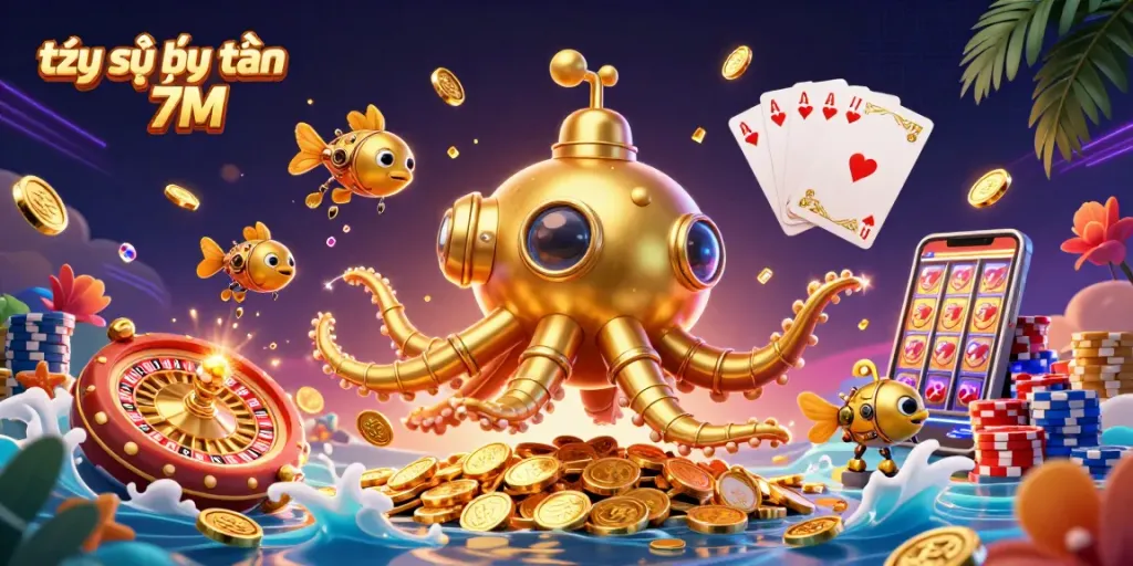 This vibrant scene showcases tỷ số trực tuyến 7M with a kraken submarine revealing golden coins and casino elements, capturing attention for online betting fun.