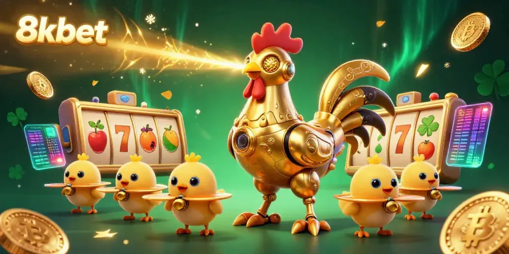 Experience thrilling moments at 8xbet with a vibrant golden rooster robot and casino games!