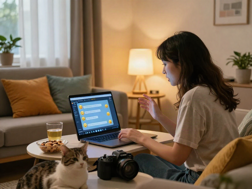 Engaging in a nsfw chat within a cozy apartment setting, showcasing a modern lifestyle and playful interaction.