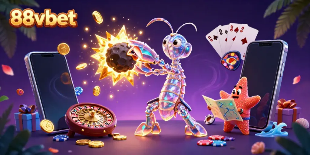 88vbet showcases a galactic samurai punching through an asteroid, amidst a vibrant casino scene filled with games and riches.
