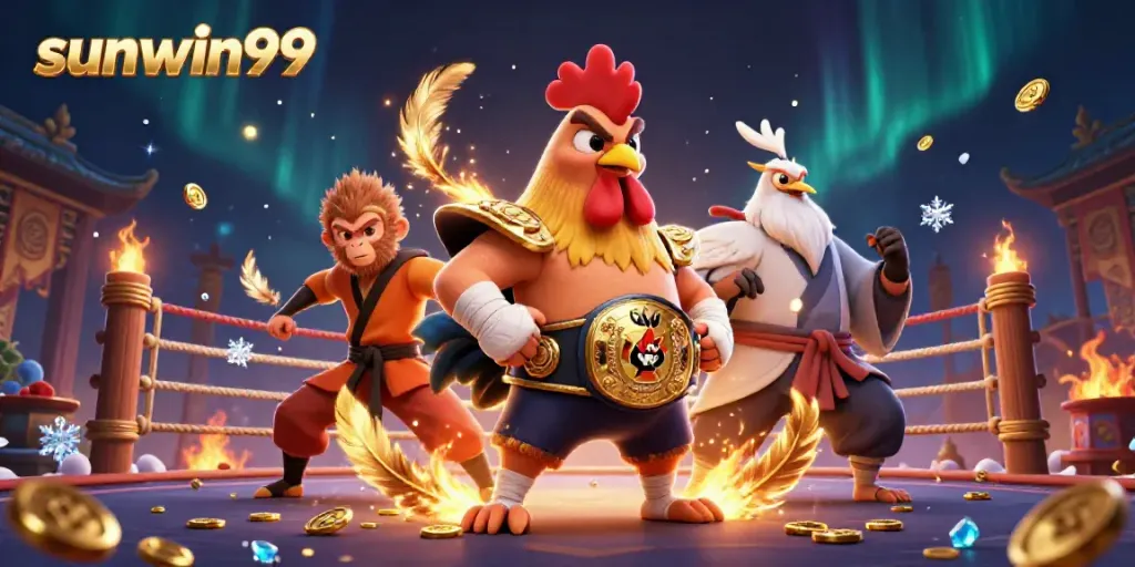 Experience the thrill of sunwin99 in a lively casino with martial arts-themed characters and gold coins.