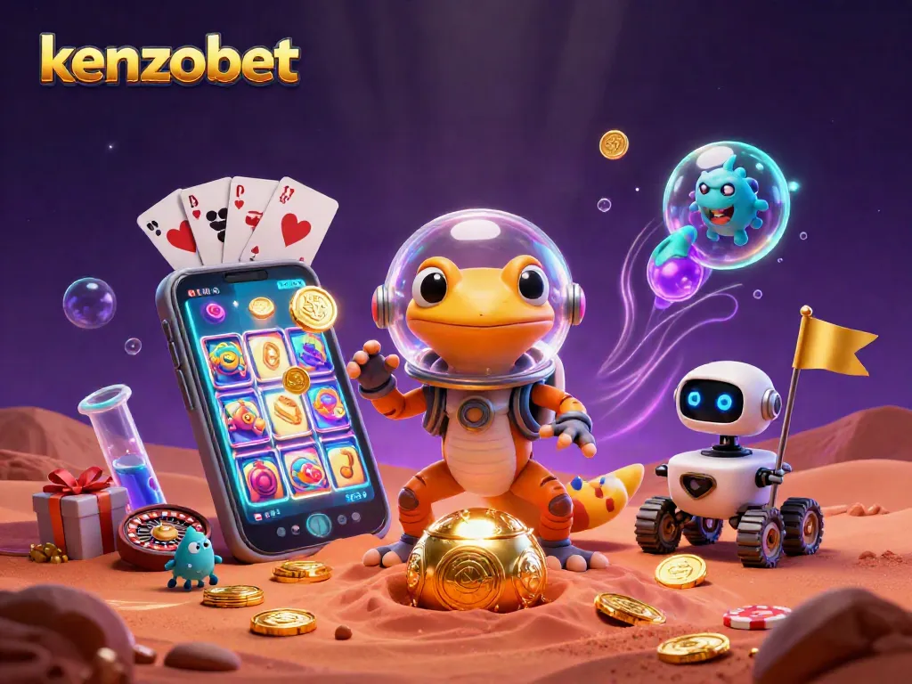 Engage with the thrilling Kenzobet experience featuring vibrant casino elements and playful characters.