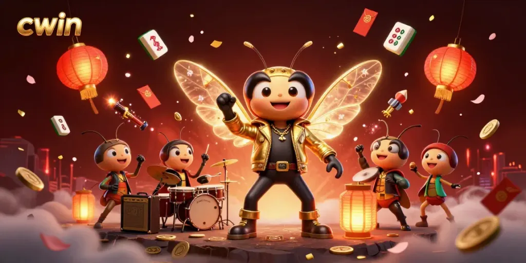 Cwin digital casino art showcasing a cicada rock star with electric wings and vibrant casino elements
