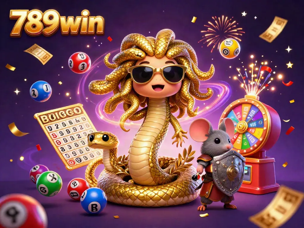 Experience the excitement of 789win with a playful Medusa and warrior mouse amidst colorful casino elements.