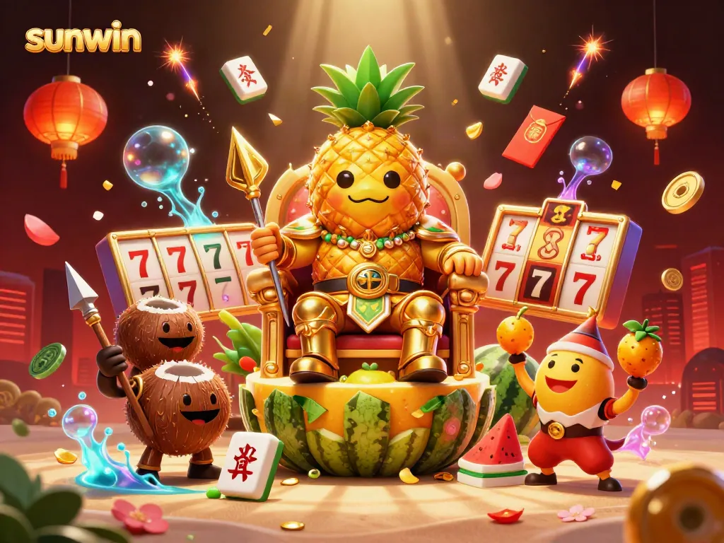 Engaging "sunwin" gaming scene featuring a pineapple king and vibrant casino elements.
