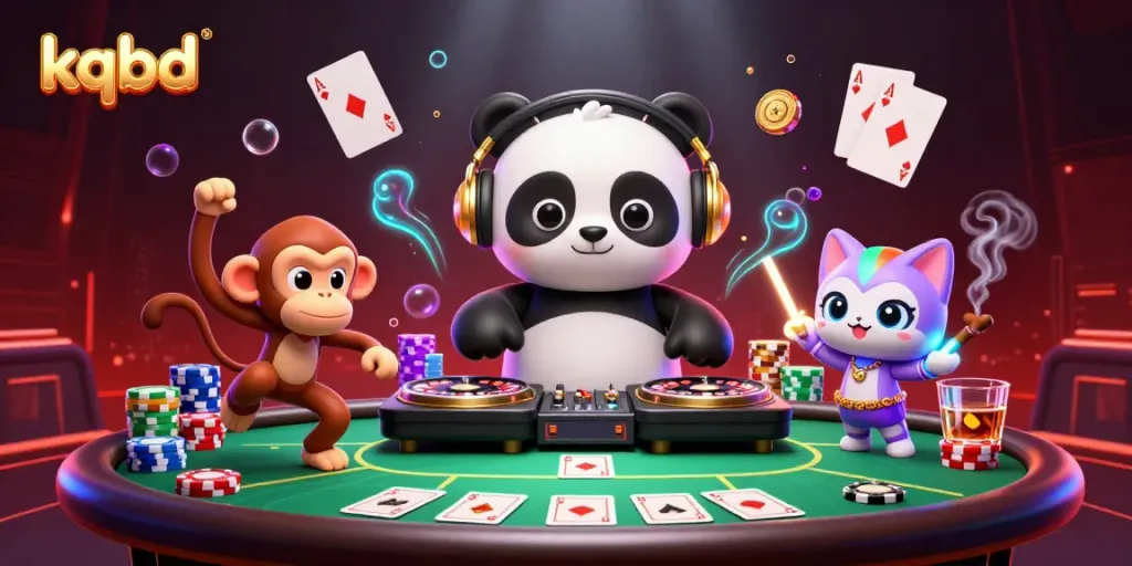 Engage in thrilling kqbd action with a vibrant scene featuring a DJ panda, dancing monkey, and kitten, surrounded by poker elements.