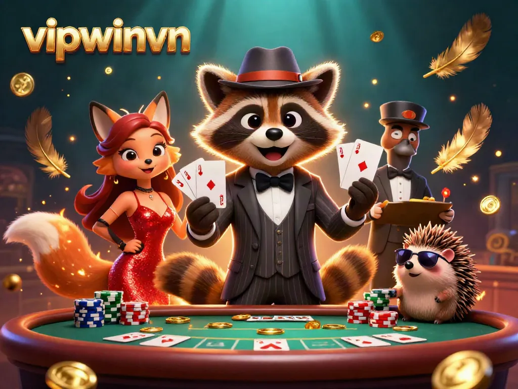 Engage with vipwinvn’s thrilling poker scene featuring raccoon, fox, and hedgehog characters in a vibrant casino setting.