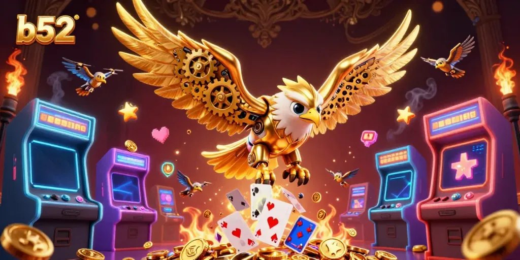 Experience thrilling moments at b52 with golden eagle diving through holographic playing cards in a vibrant casino scene.