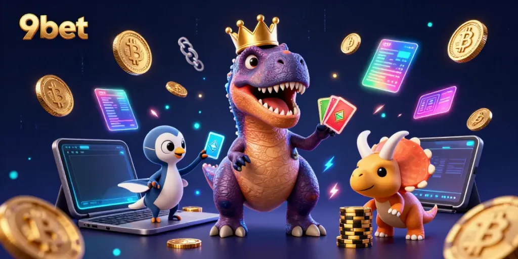 Join the fun at 9bet with a playful T-Rex and friends in a lively casino scene.