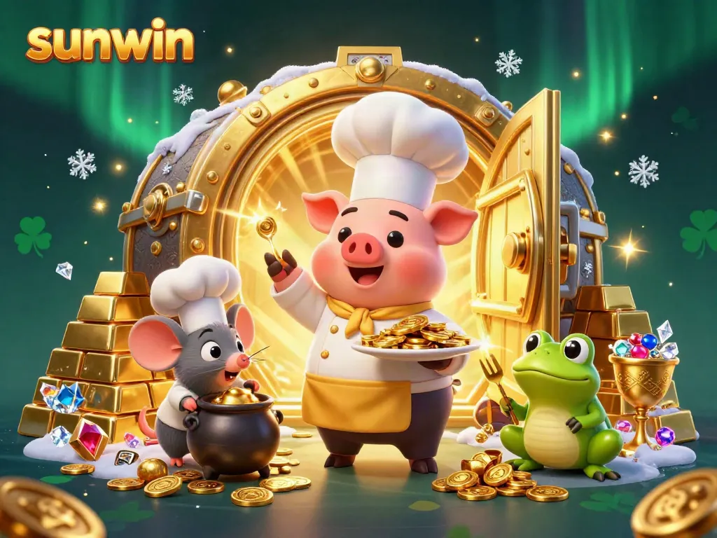 Engage in the thrilling sunwin experience with animated chefs and treasure, showcasing immersive gaming elements.