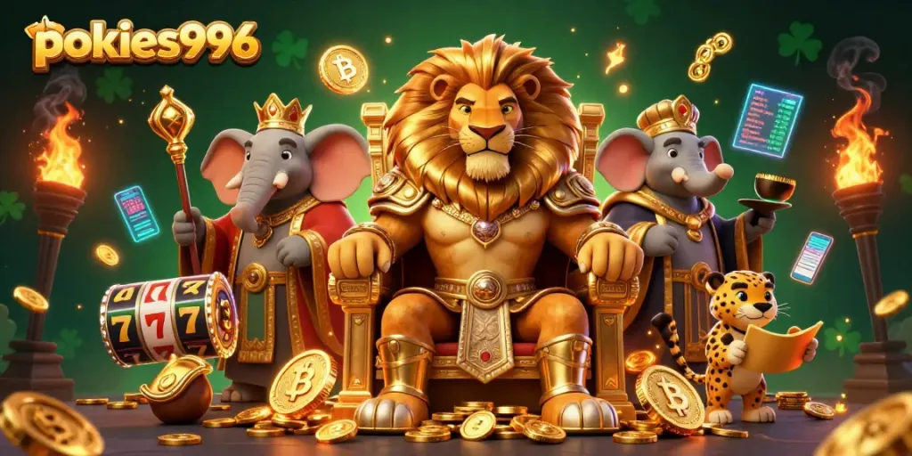 Play pokies996 with luck and strategy in a vibrant animated casino scene filled with prizes.