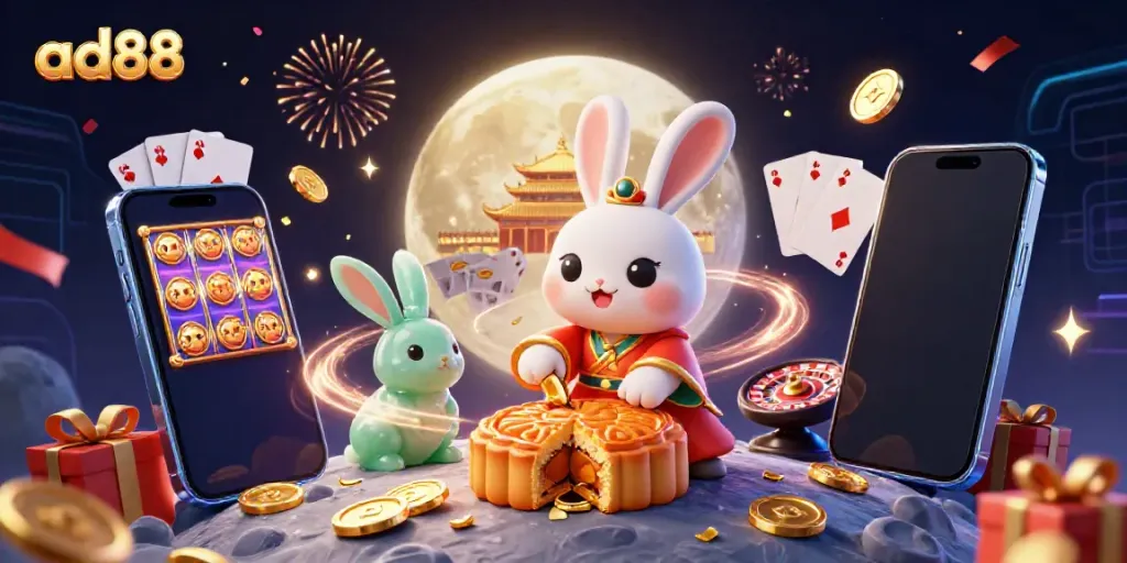 Engage with ad88’s online gaming adventure featuring the moon rabbit and vibrant casino elements.