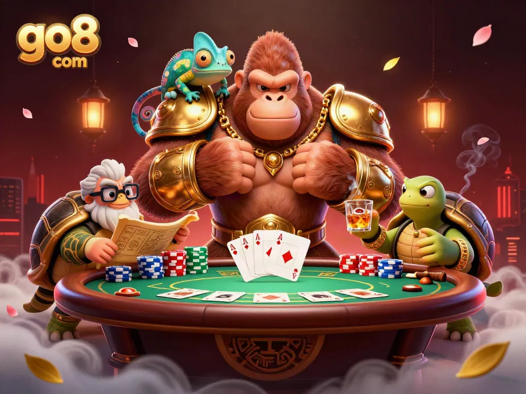 Experience thrilling poker action at go8 com with a vibrant scene of a gorilla king and companions.