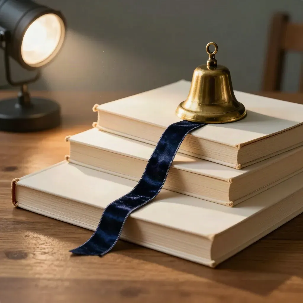 Tablica edukacyjna z workbooks, dzwonkiem, wstążką i kartami w ciepłym świetle poranka
