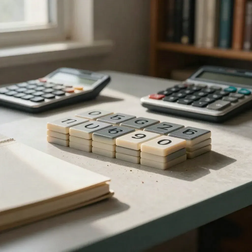 Zresetowane stanowisko do korepetycji z matematyki: kostki algebraiczne, kalkulator i zeszyt w świetle okna.