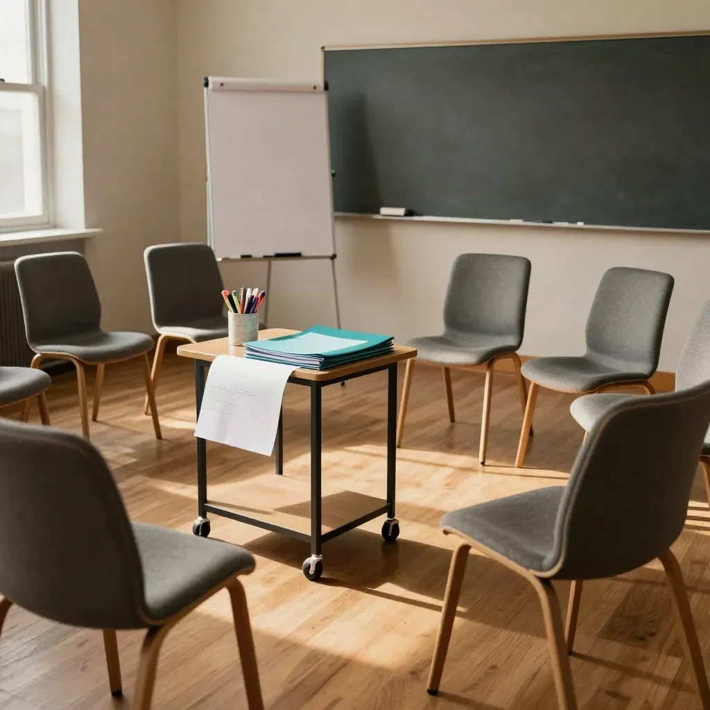 Pusta sala szkoleniowa po radzie pedagogicznej z półokręgiem krzeseł i sztalugą flipcharta.