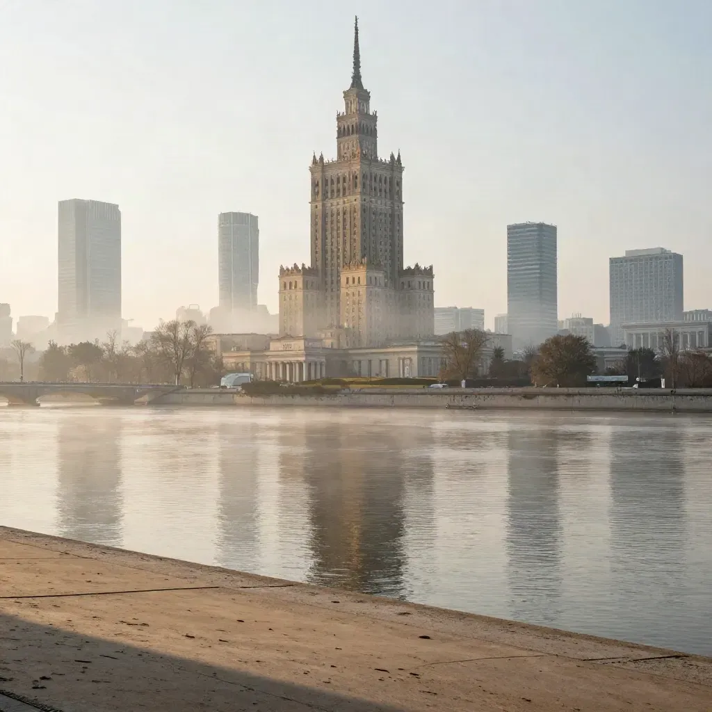 Warszawa nad Wisłą o poranku, z Pałacem Kultury we mgle