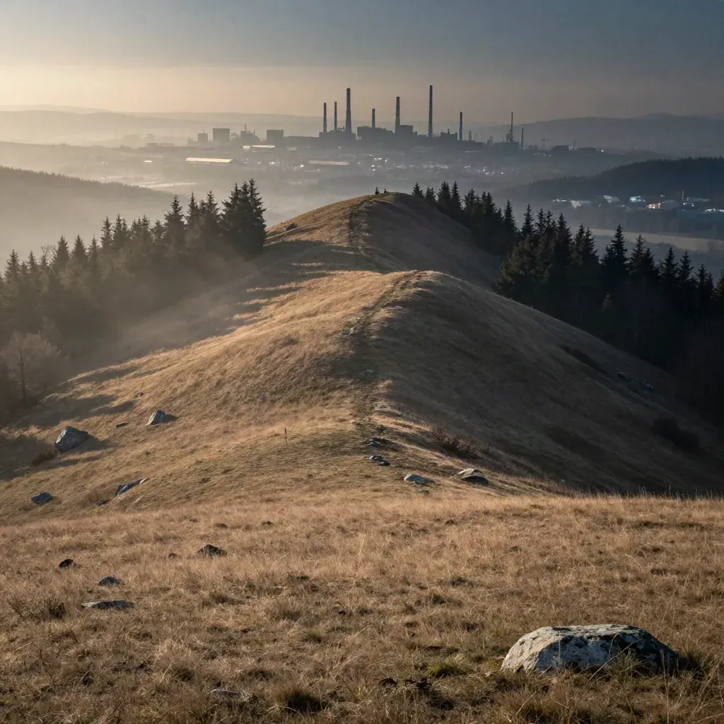 Mglista grań Beskidów z odległą industrialną panoramą Śląska o zachodzie