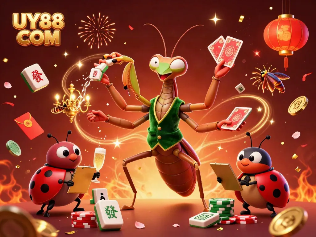 Experience the excitement of UY88 COM with a vibrant casino-themed illustration filled with dynamic characters and festive elements.
