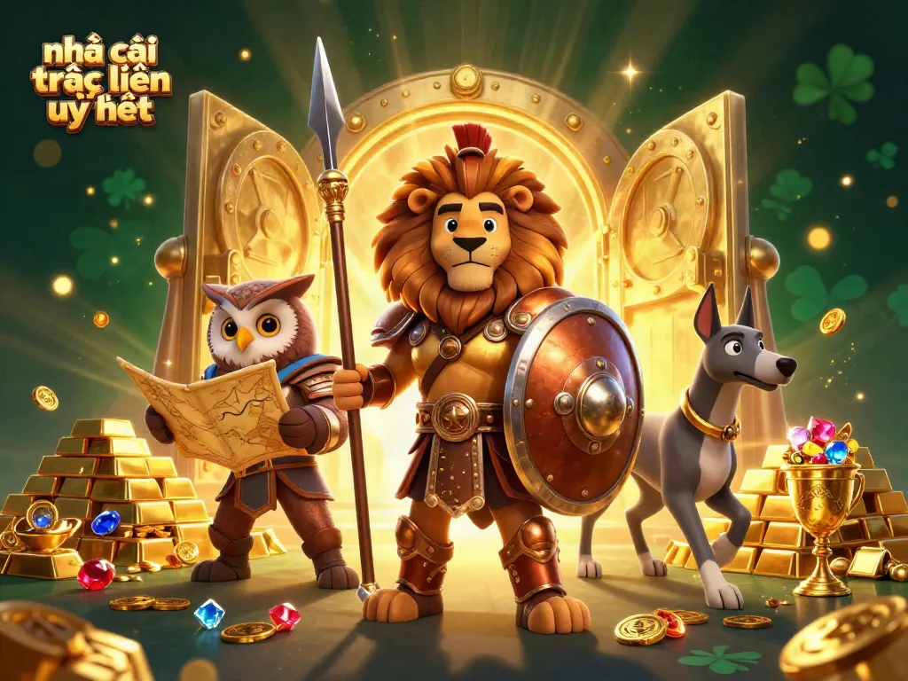 Experience the excitement at nhà cái trực tuyến uy tín with a 3D illustration of winning elements, including treasure and characters.