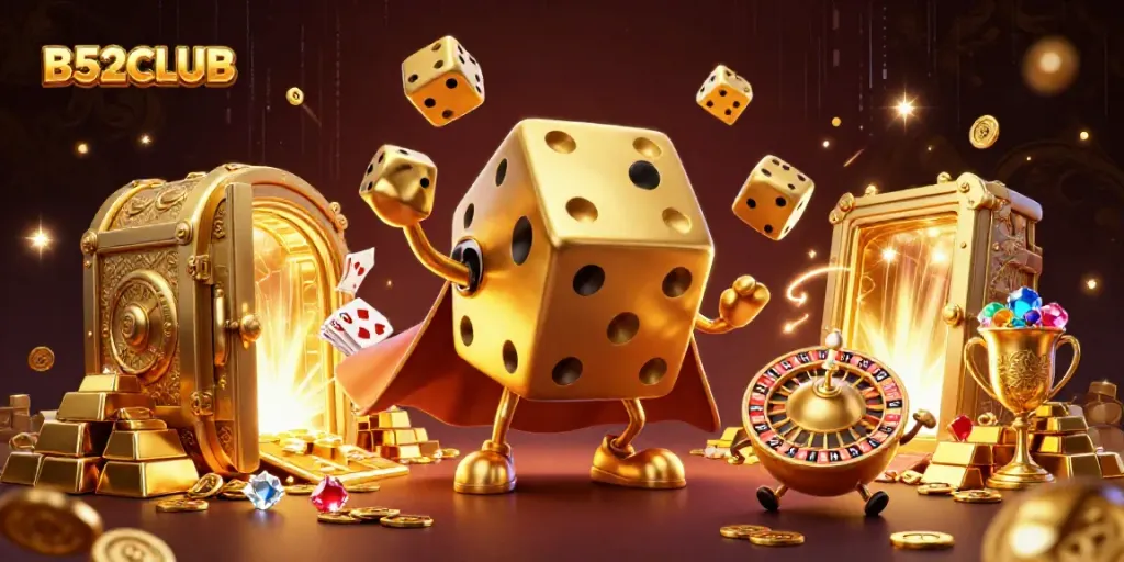 B52CLUB showcases exciting gaming with glowing treasures, golden dice, and vibrant jewels in a lavish casino setting.