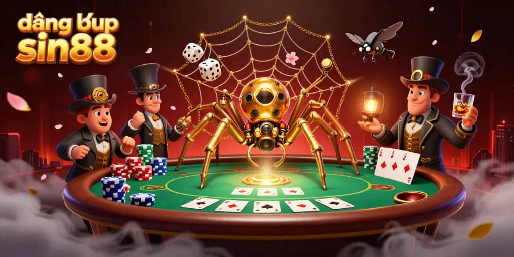 Experience the excitement of gambling with đăng nhập sin88, where the golden spider weaves a web of luck in a vibrant casino scene.