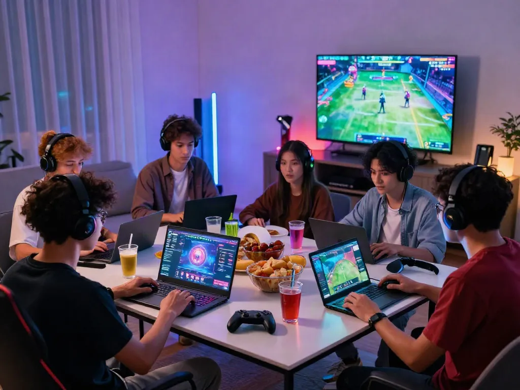 Dynamic gaming setup showcasing friends enjoying online games with snacks and vibrant lighting at https://sunwint4.com/.