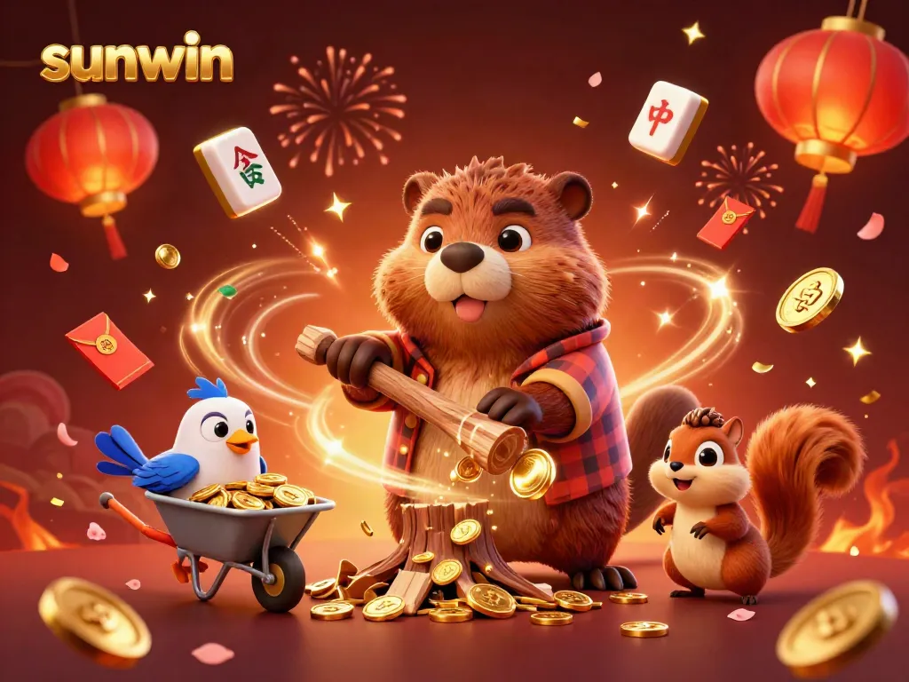 Join the sunwin celebration with a beaver chopping trees for coins in this vibrant casino scene.