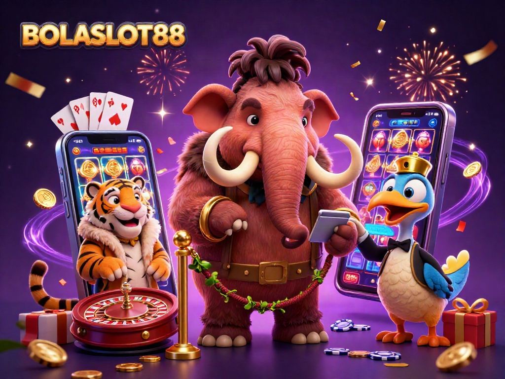 BOLASLOT88 thrills with a vibrant casino scene featuring a mammoth bouncer, saber-tooth VIP, and dodo doorman.