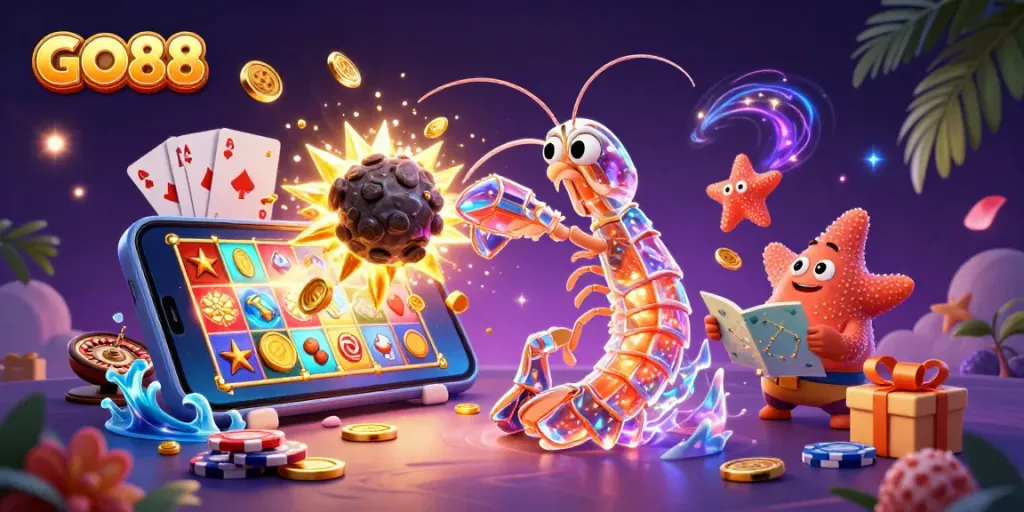Play slots with GO88 in a dynamic 3D cartoon scene featuring a galactic samurai mantis shrimp amidst falling gems.