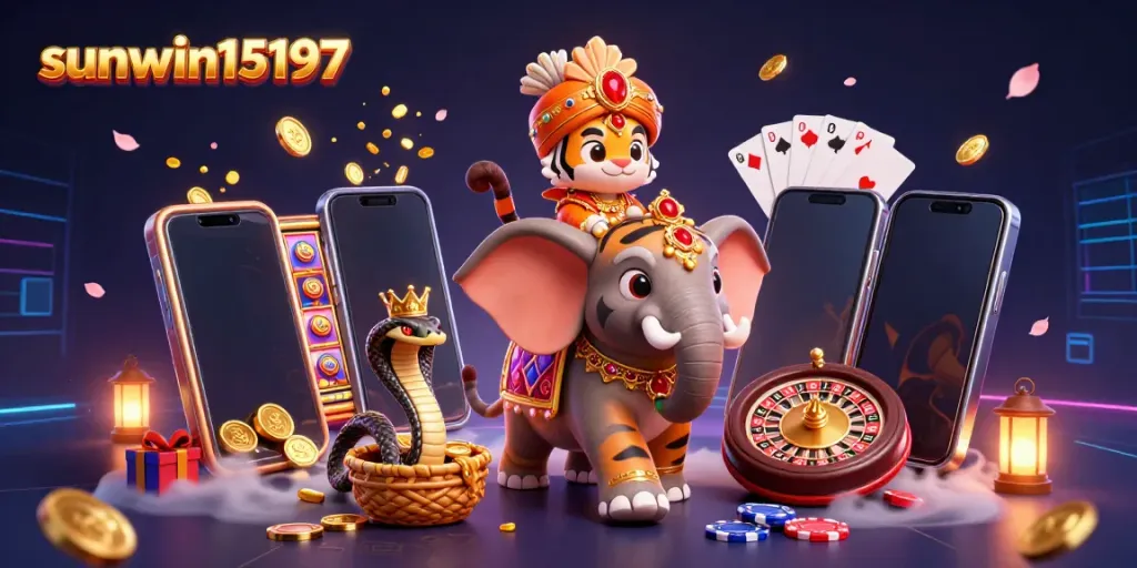Join the excitement at sunwin15197 with a vibrant 3D scene featuring a majestic maharaja tiger amidst games and riches.