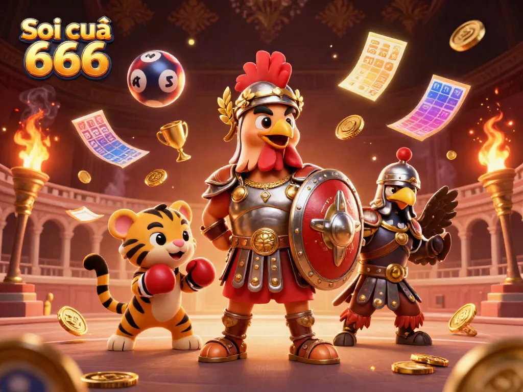 Engage with Soi cầu 666 as a 3D gladiator rooster commands a vivid lottery arena, surrounded by dynamic elements.