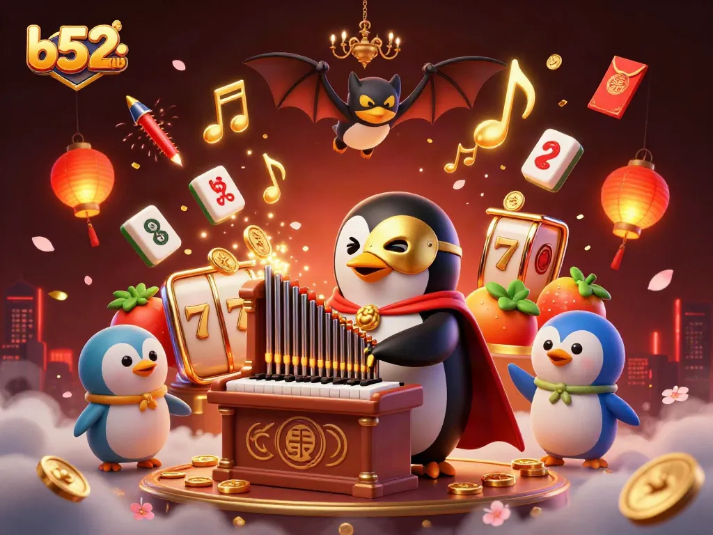 Experience the thrill of b52club with a lively 3D scene of a penguin organist generating winning golden coins!