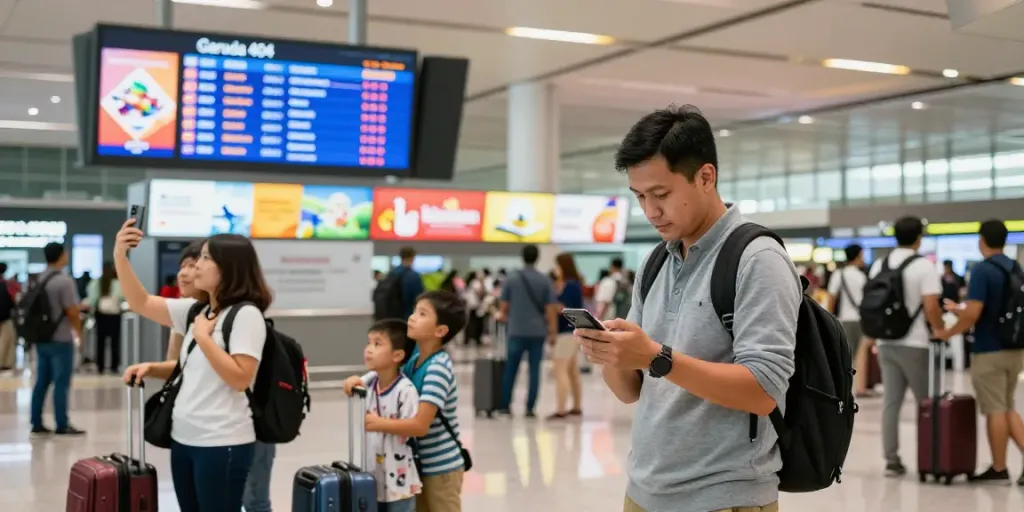 Garuda 404 flight status displayed at a busy airport terminal with travelers around.