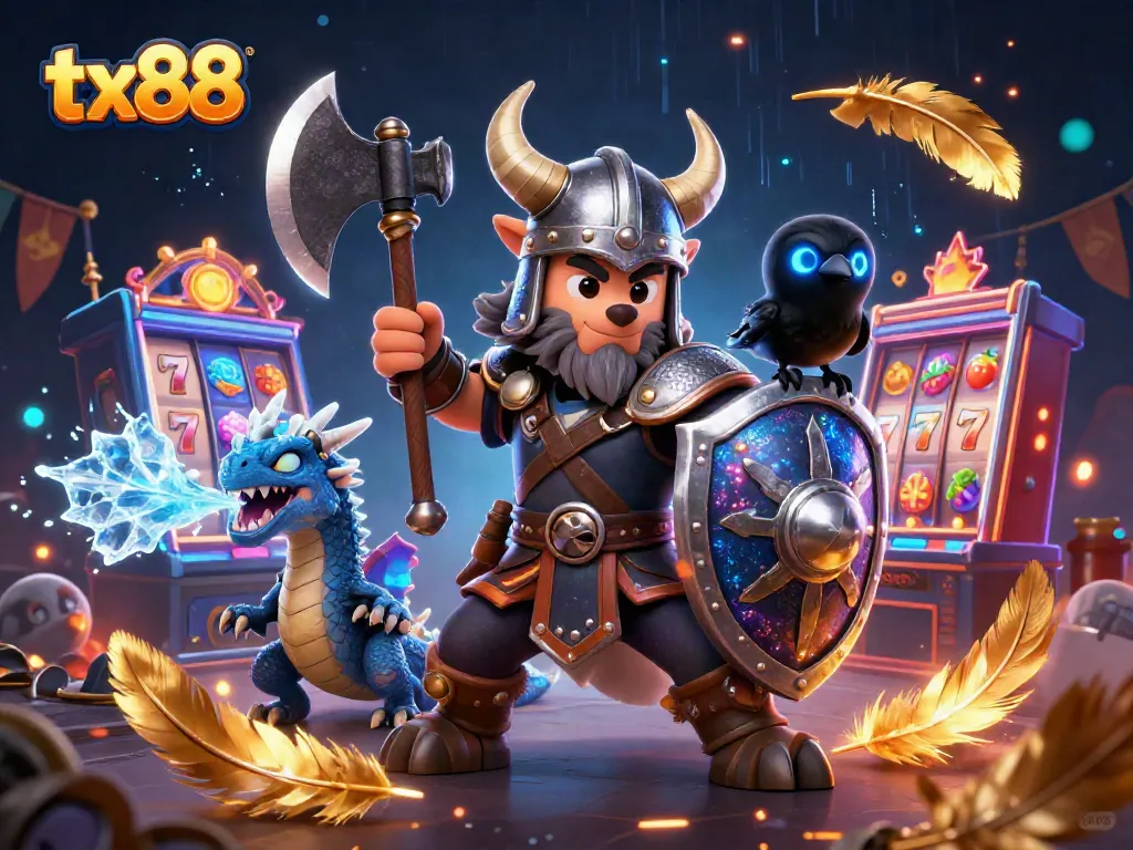 Engage with exciting tx88 slot action featuring a Viking warrior, dragon, and vibrant game elements.