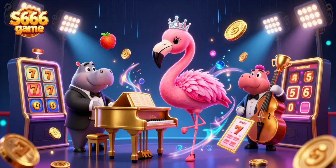 Engage with the S666 game featuring a vibrant casino scene full of dynamic slot elements and charming characters.