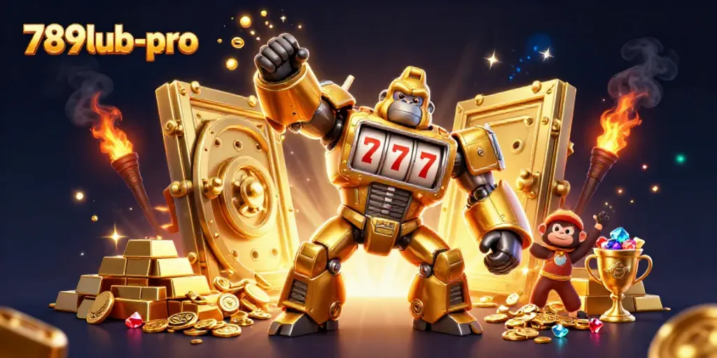 Experience the excitement of 789lub-pro with a dynamic gaming scene featuring a golden gorilla mech!